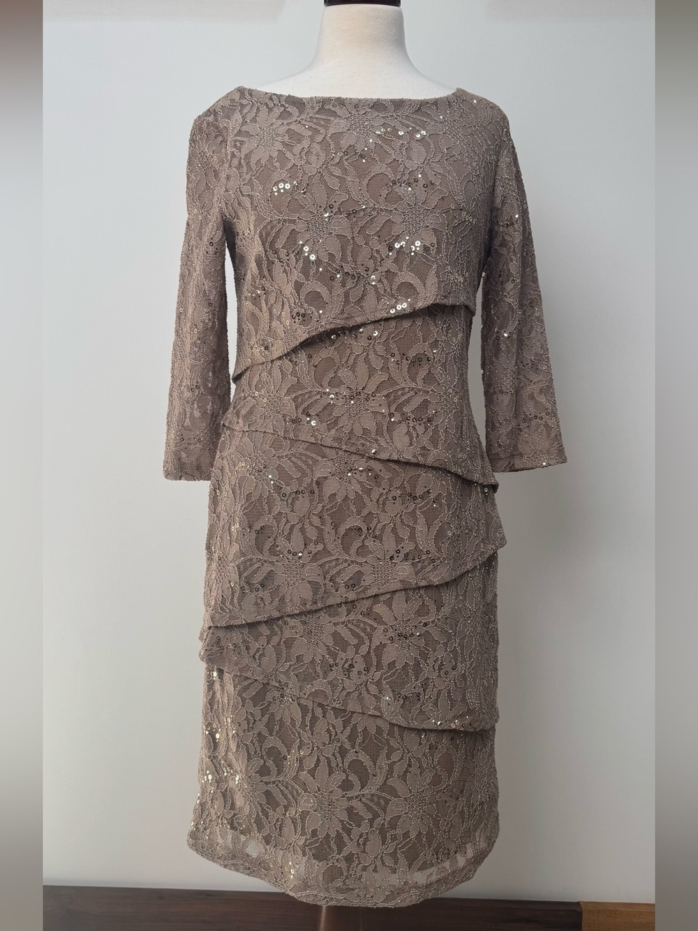 Ronni Nicole Taupe Lace Tiered Dress with Sequins